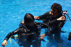 Diving lesson in a pool